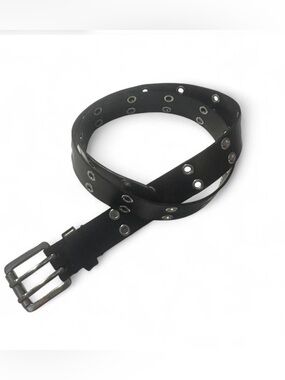 Y2K Black Faux Leather Double-Row Grommet Belt - size 36” Long